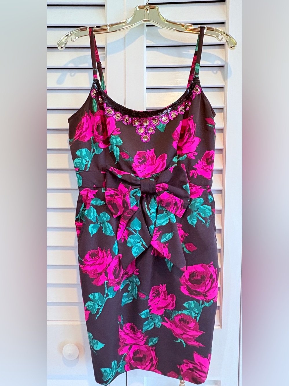 Vintage Y2K Dress Forever Twentyone Black Hot Pink Floral Sequin Trim Bow Waist